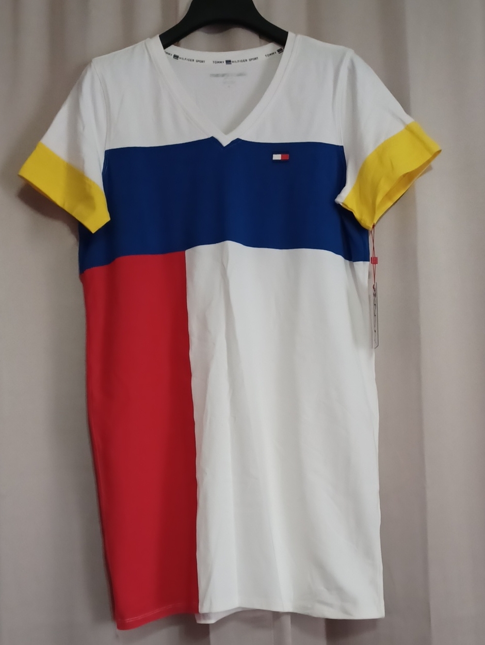 Tommy Hilfiger Sport Colorblock V-Neck T-Shirt Dress Cotton Blend Size M New